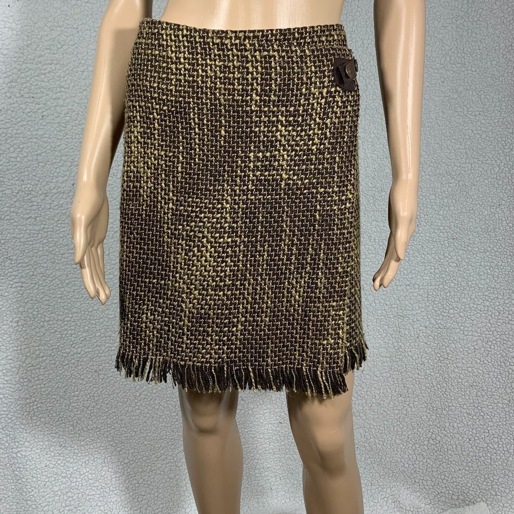 British Khaki Wrap Knit Woven Fringe Wool Blend Skirt size 4